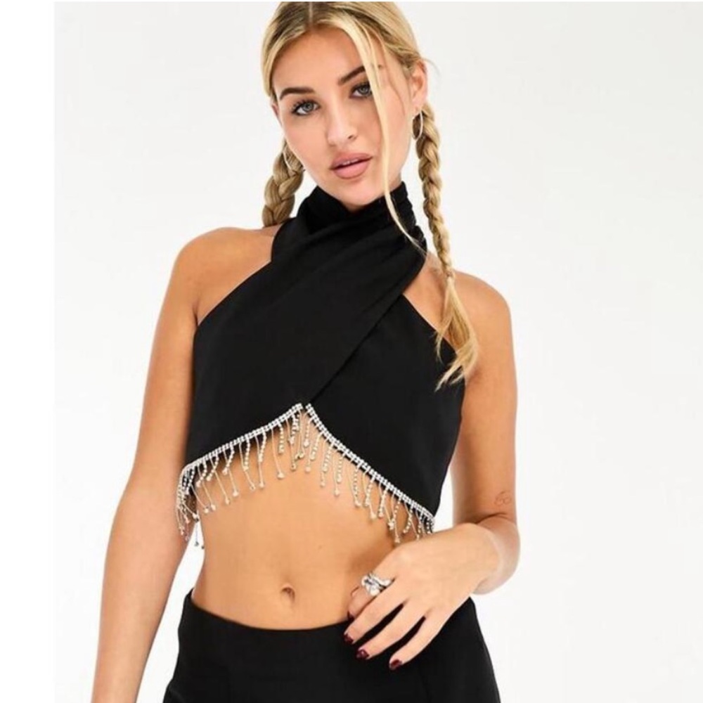 NWT Somethingnew by Vero Moda - Black Halter Jeweled Cropped Top Sz: M